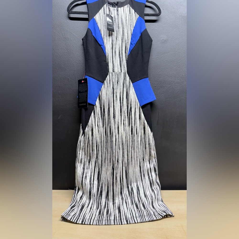 NEW Bebe Colorblock Bodycon Midi Dress Blue Black White – Size 0